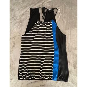 Express Womens 2013 Black White Blue Striped Halter Bubble Hem Top Large EUC